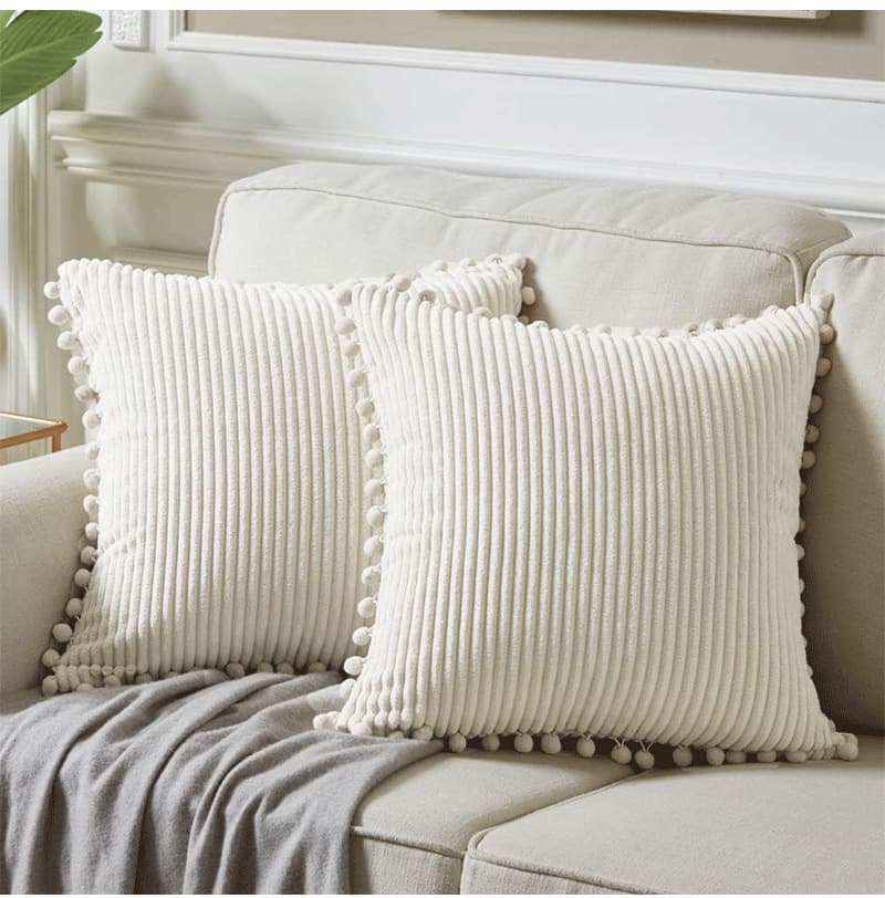 White Soft Corduroy Cushion Covers with Pom Trim - 2-Piece Set Decorative