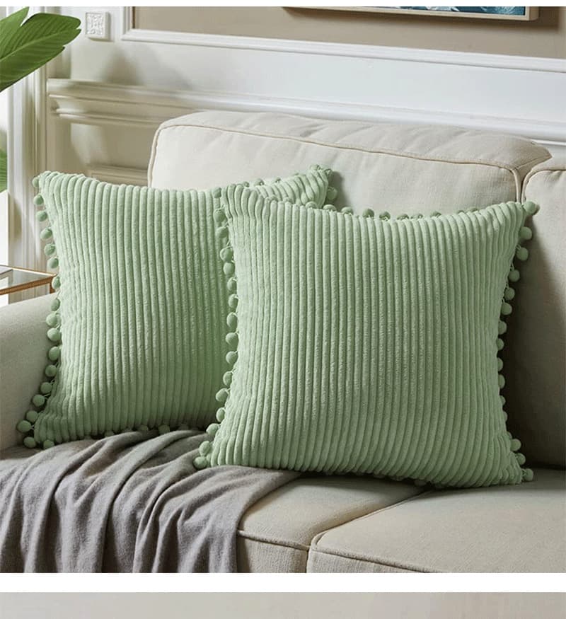 Light Green Soft Corduroy Cushion Covers with Pom Trim - 2-Piece Set