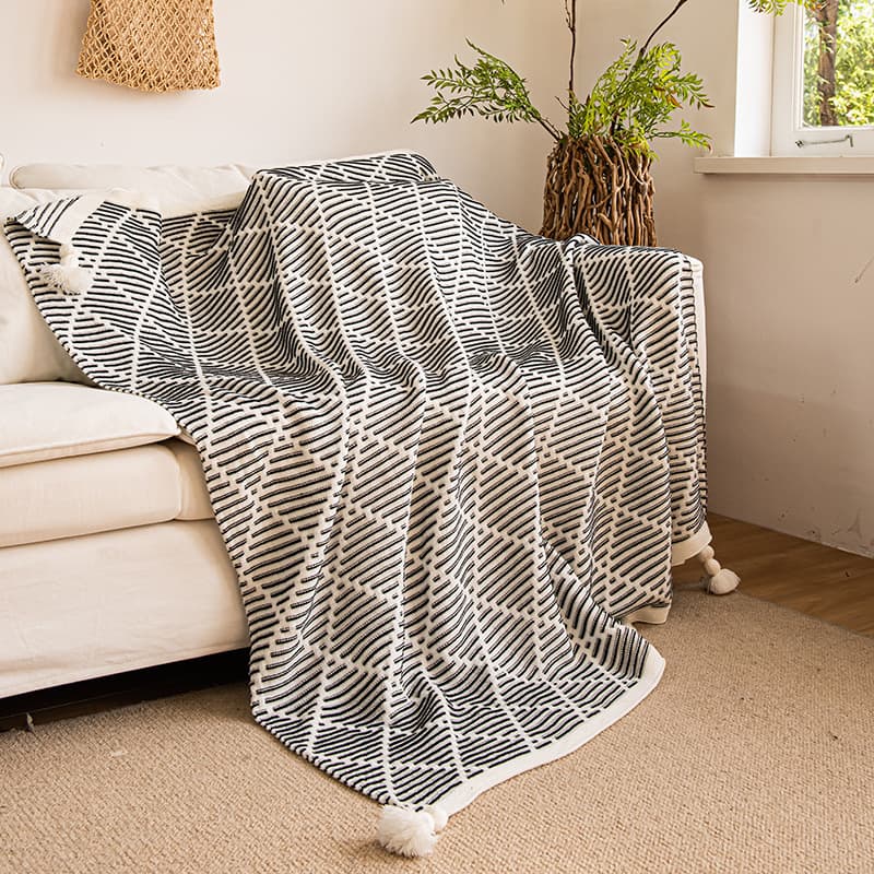 Black and Beige Diamond Pattern Soft Cozy Knit Throw Blanket with Tassels