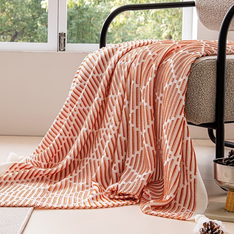 Orange and Beige Diamond Pattern Soft Cozy Knit Throw Blanket with Tassels