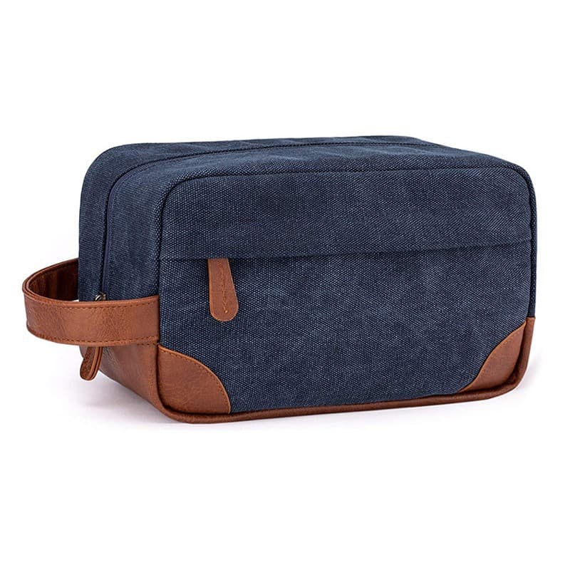 Dark Blue And Brown Men's Canvas Toiletry Bag - Large Capacity