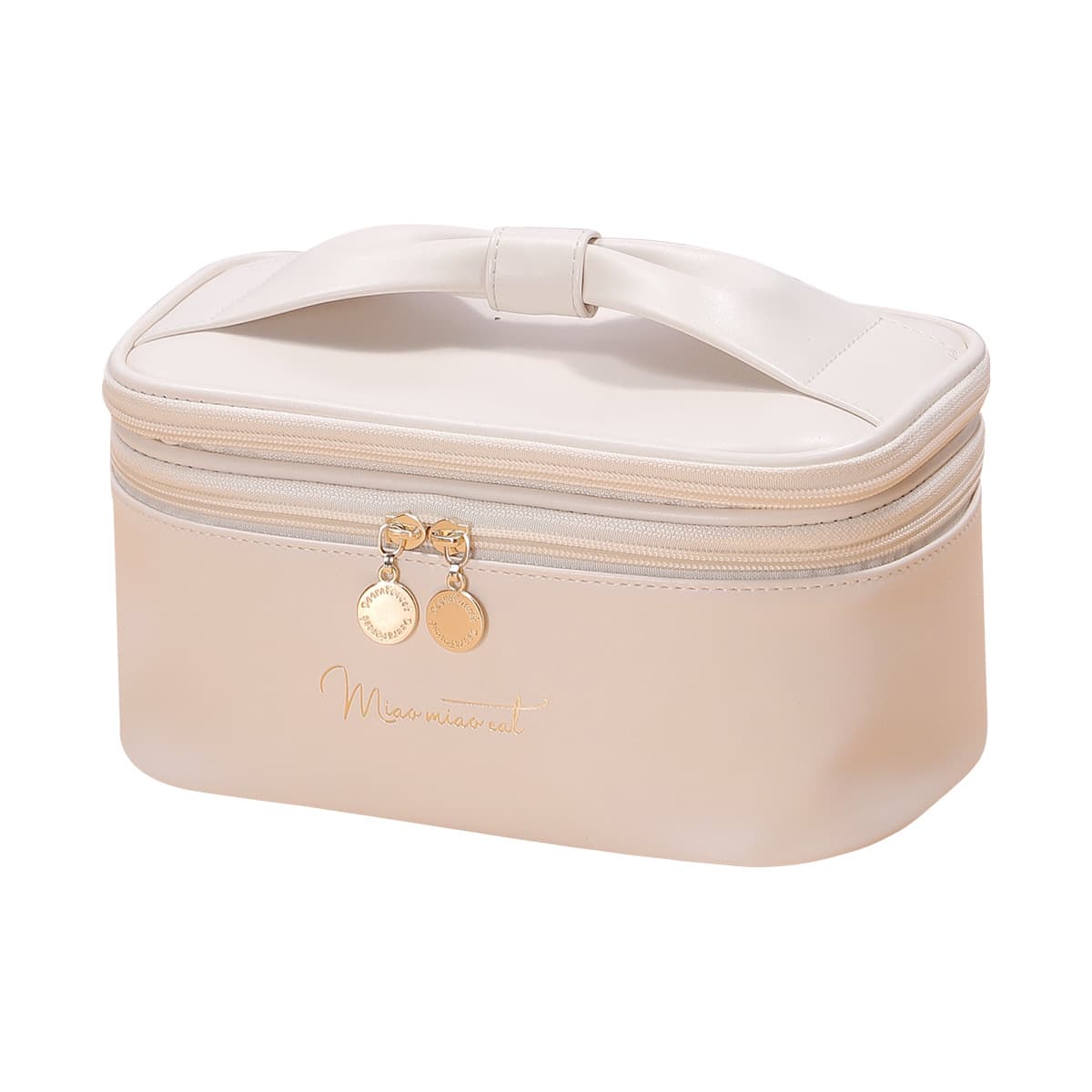 Beige PU Leather Makeup Bag - Large Capacity Double Layer Waterproof Travel