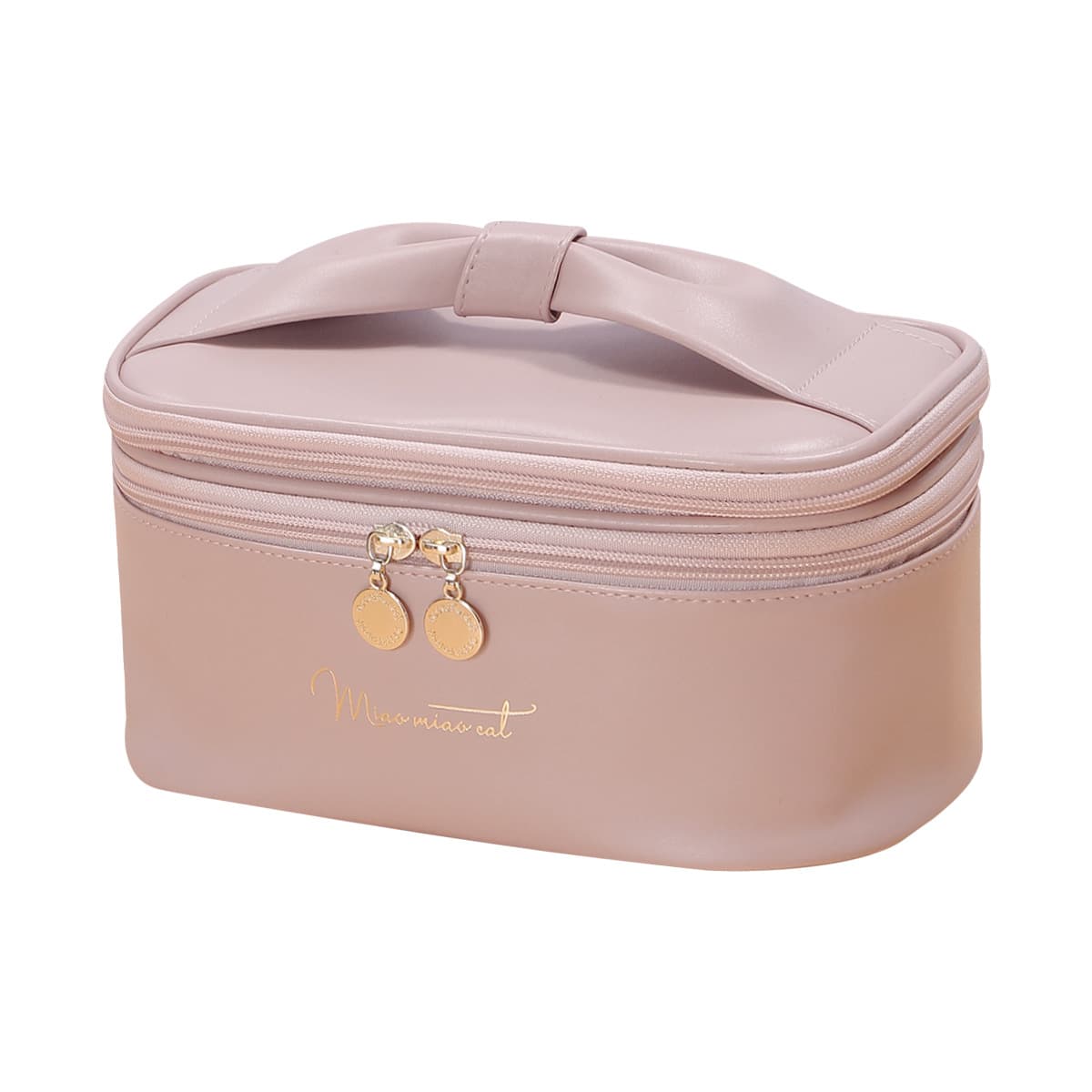 Pink PU Leather Makeup Bag - Large Capacity Double Layer Waterproof Travel