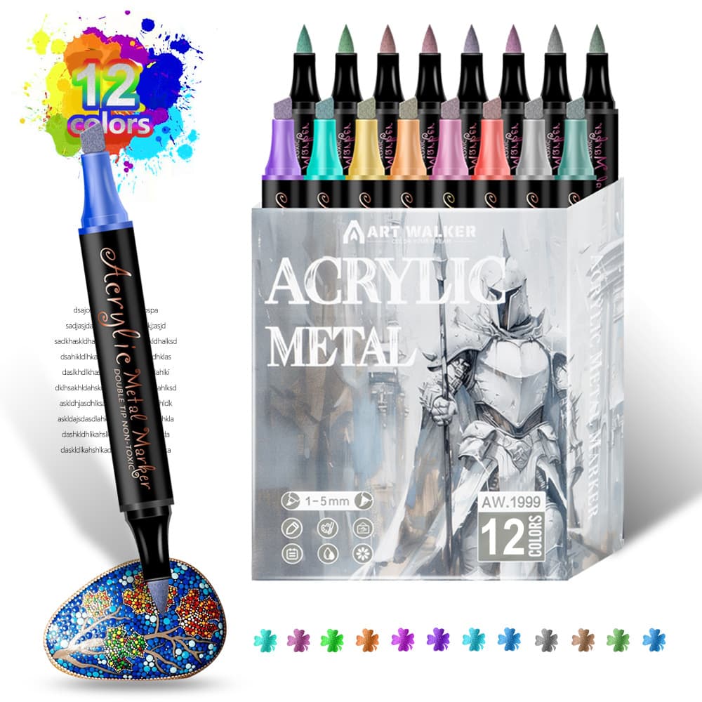 Colorful 12 Colors Dual Tip Metallic Acrylic Paint Pens - Fine Point