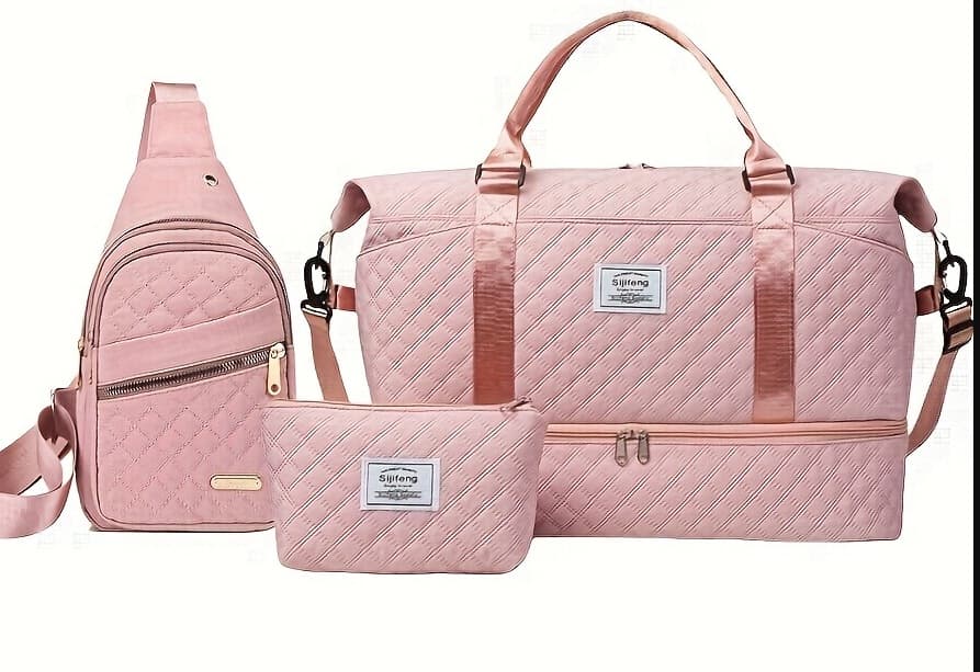 Pink 3-Piece Quilted Travel Bag Set - Duffel, Crossbody Sling & Toiletry