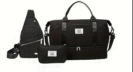 Black 3-Piece Quilted Travel Bag Set - Duffel, Crossbody Sling & Toiletry