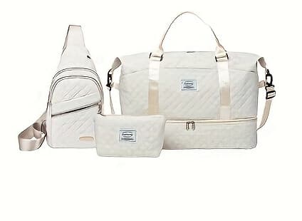 White 3-Piece Quilted Travel Bag Set - Duffel, Crossbody Sling & Toiletry