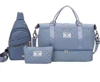 Blue 3-Piece Quilted Travel Bag Set - Duffel, Crossbody Sling & Toiletry