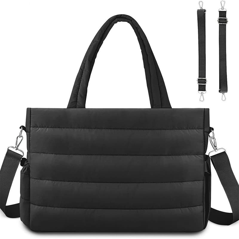 Black Quilted Nylon Tote Bag - Large Capacity Diaper Nappy Bag for Travel