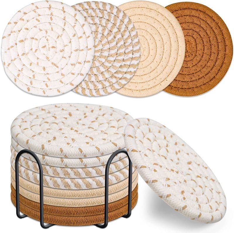 Beige and Khaki Absorbent Woven Cotton Coasters - 8-Piece Set with Metal