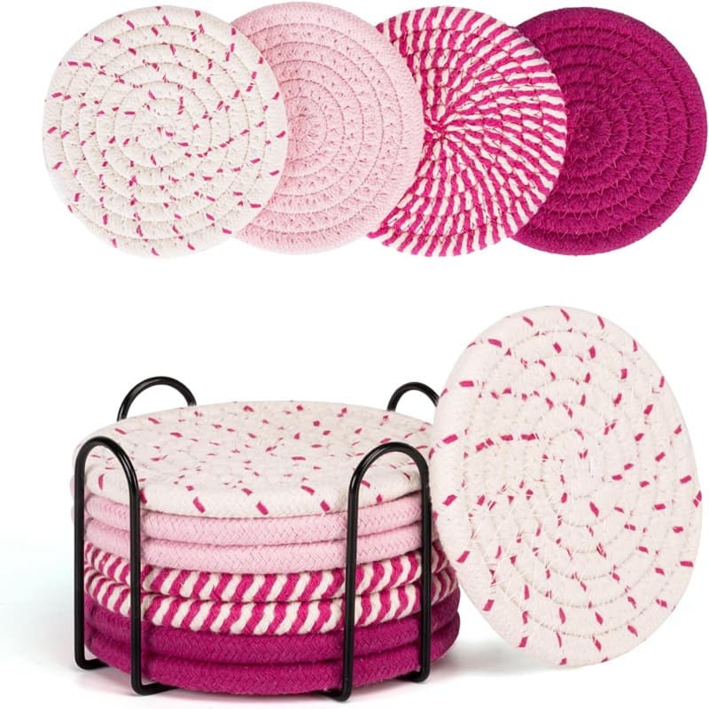 Beige and Pink Absorbent Woven Cotton Coasters - 8-Piece Set with Metal