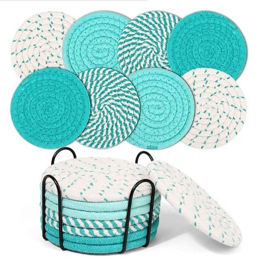 Beige and Blue Absorbent Woven Cotton Coasters - 8-Piece Set with Metal