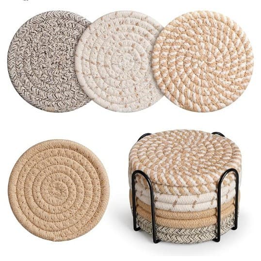 Khaki Absorbent Woven Cotton Coasters - 8-Piece Set with Metal Holder