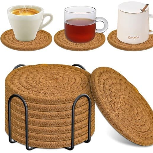 Brown Absorbent Woven Cotton Coasters - 8-Piece Set with Metal Holder