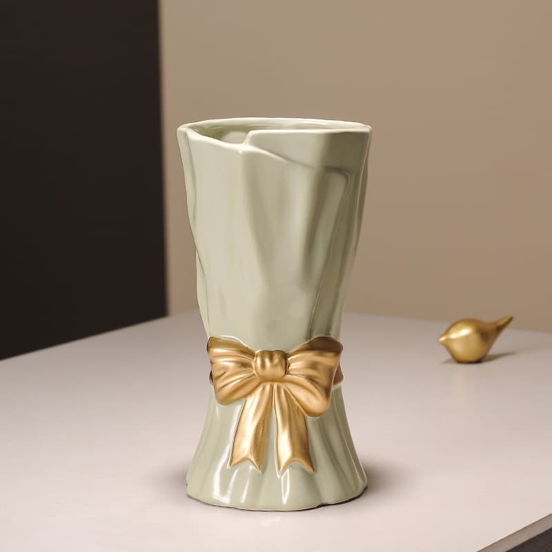 Green Ceramic Vase with Golden Bow Accent - Textured Relief Flower Holder