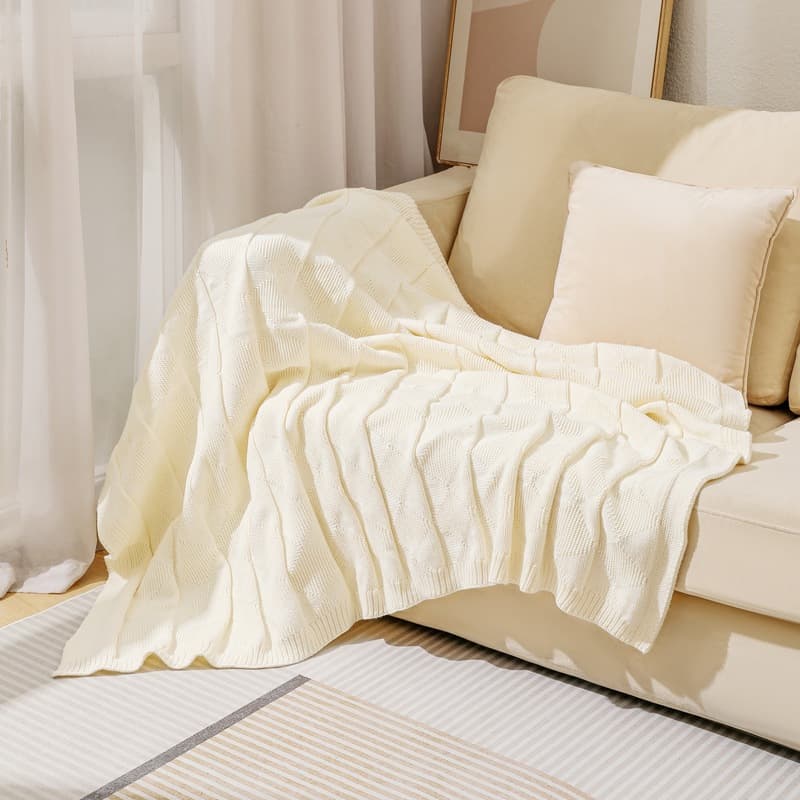 Beige Cozy Lightweight Acrylic Knit Throw Blanket - Diamond Waffle Texture
