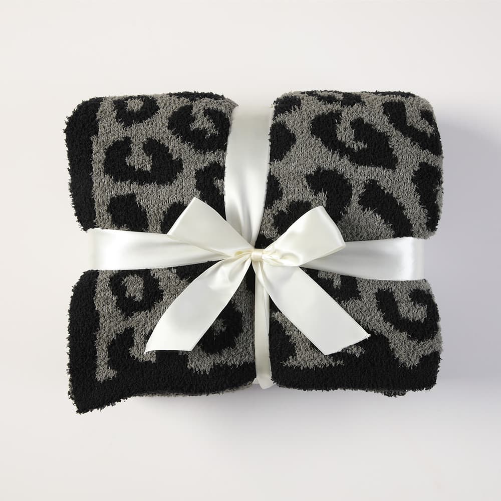 Grey and Black Luxurious Leopard Print Knit Throw Blanket - 130 × 150 cm