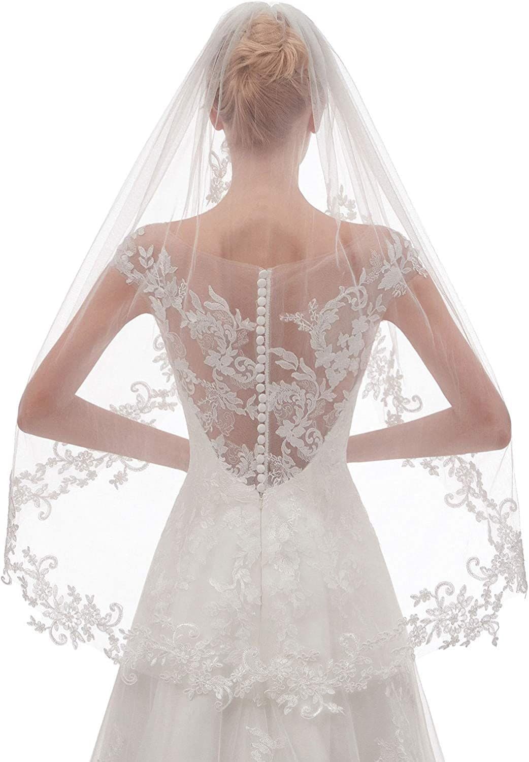 White Short Bridal Veil - Single Tier with Delicate Lace Applique Edge
