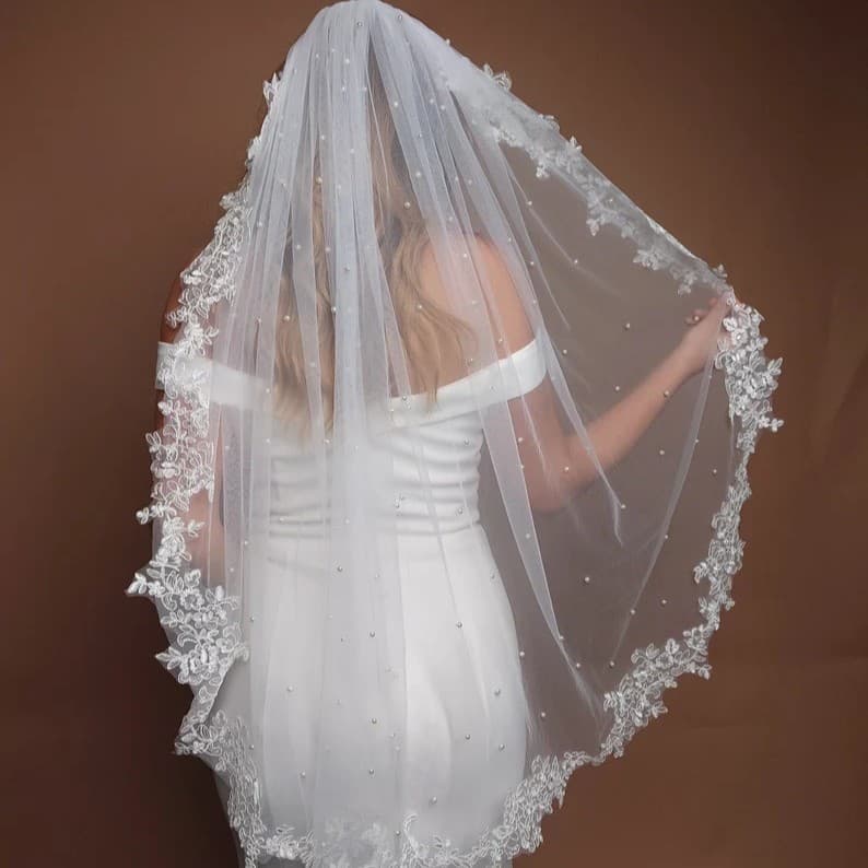 White Long Bridal Veil with Pearl Accents & Lace Edge - Includes Metal Comb