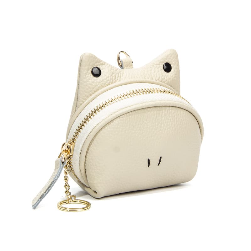 Beige Leather Frog Design Coin Purse - Cartoon Mini Wallet Pouch for Keys