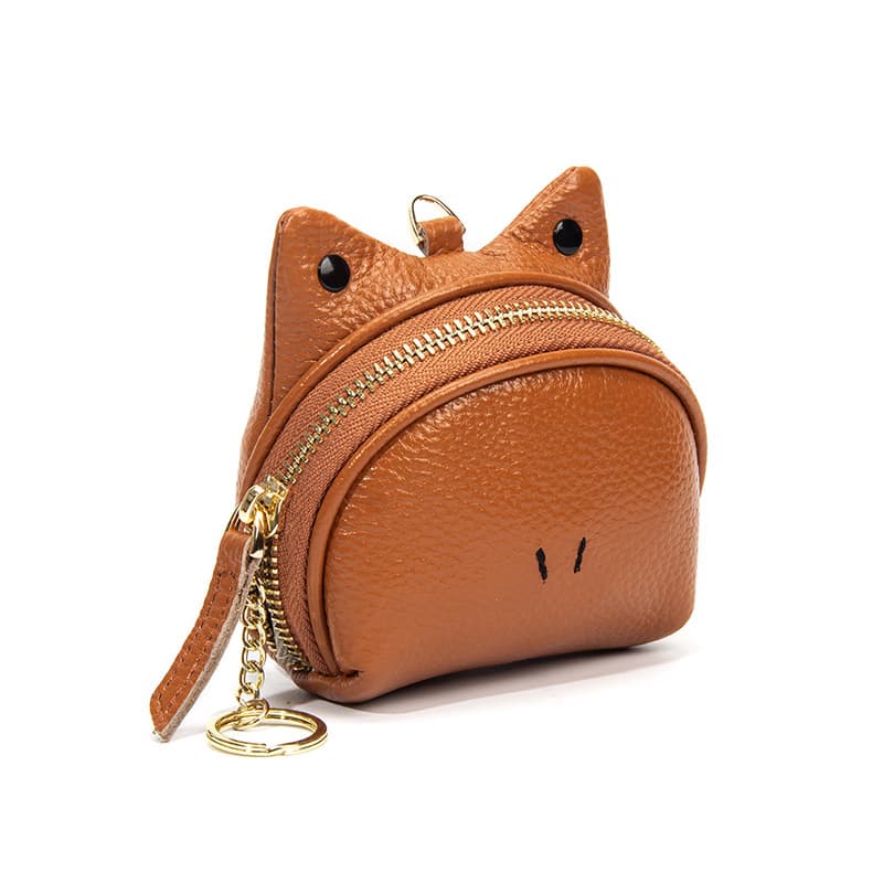 Khaki Leather Frog Design Coin Purse - Cartoon Mini Wallet Pouch for Keys