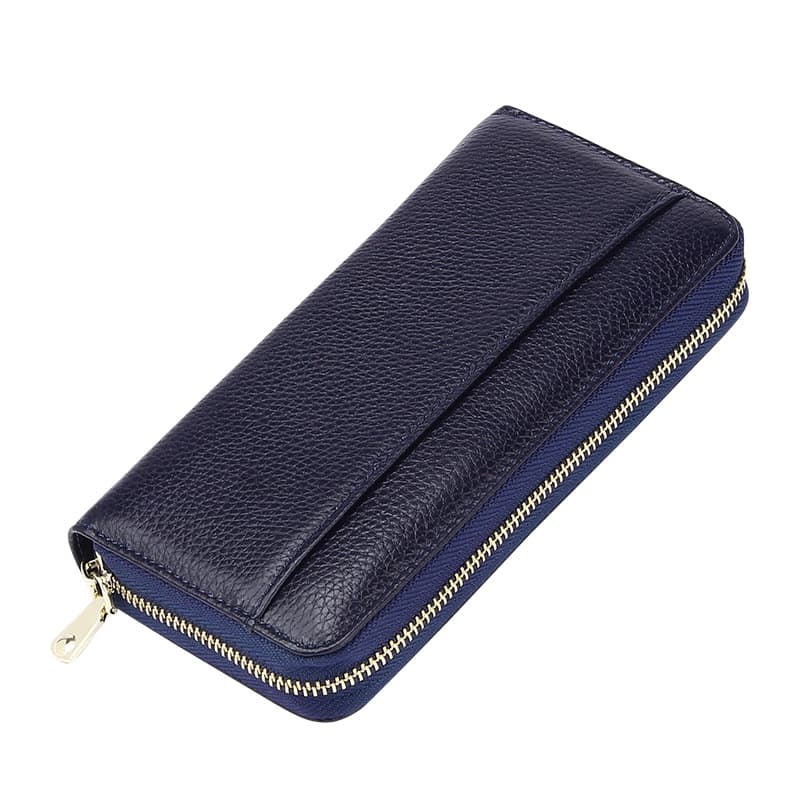 Dark Blue Genuine Leather RFID Blocking Long Wallet - Unisex Multi-Card