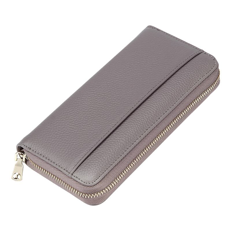 Grey Genuine Leather RFID Blocking Long Wallet - Unisex Multi-Card Organizer