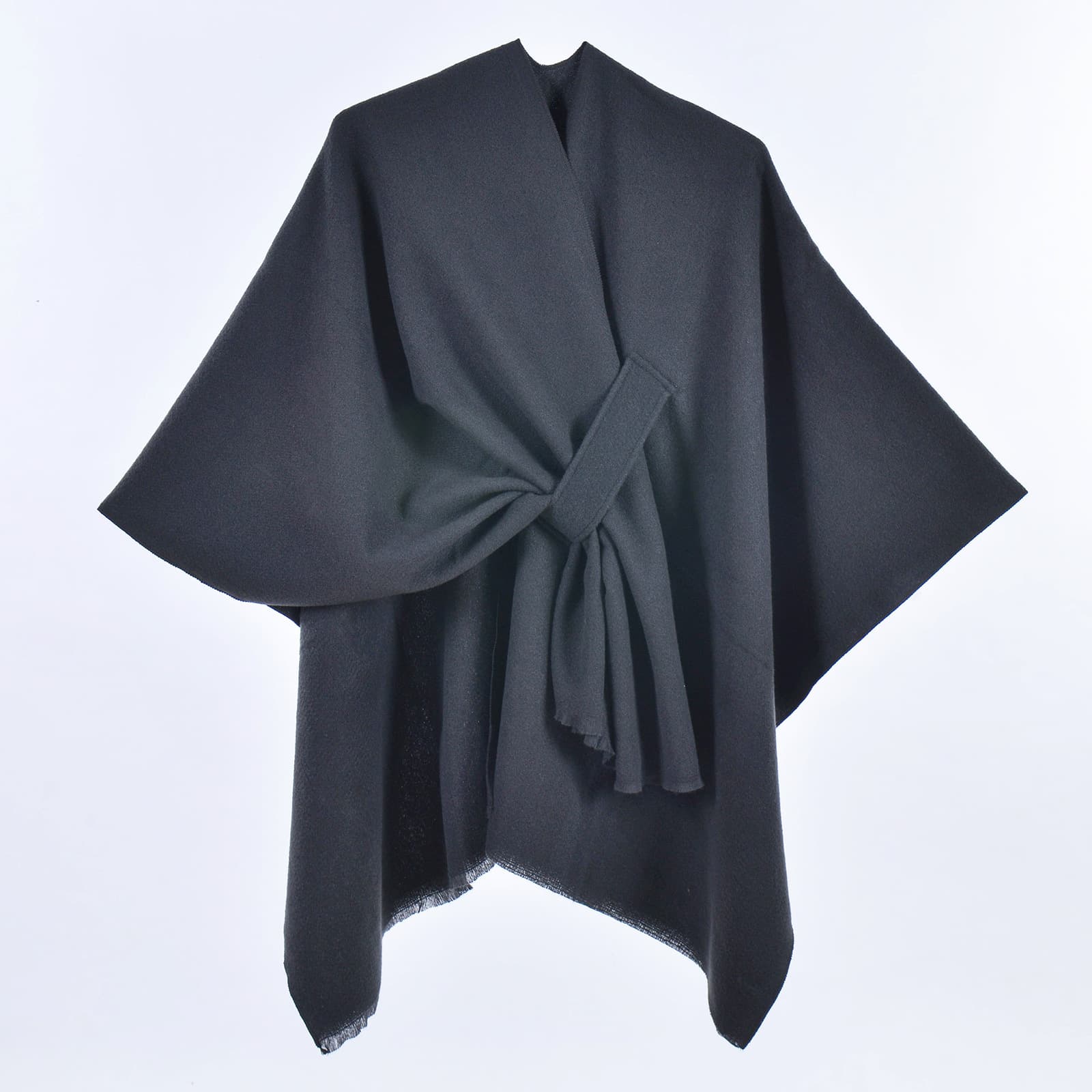 Black Soft Knit Poncho Cape - Warm Autumn Winter Shawl Wrap with Side Tie