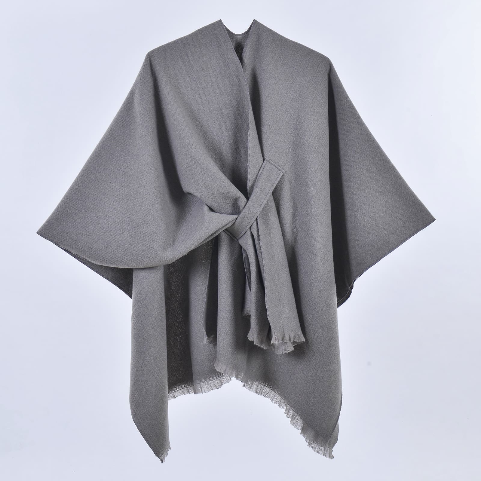 Grey Soft Knit Poncho Cape - Warm Autumn Winter Shawl Wrap with Side Tie