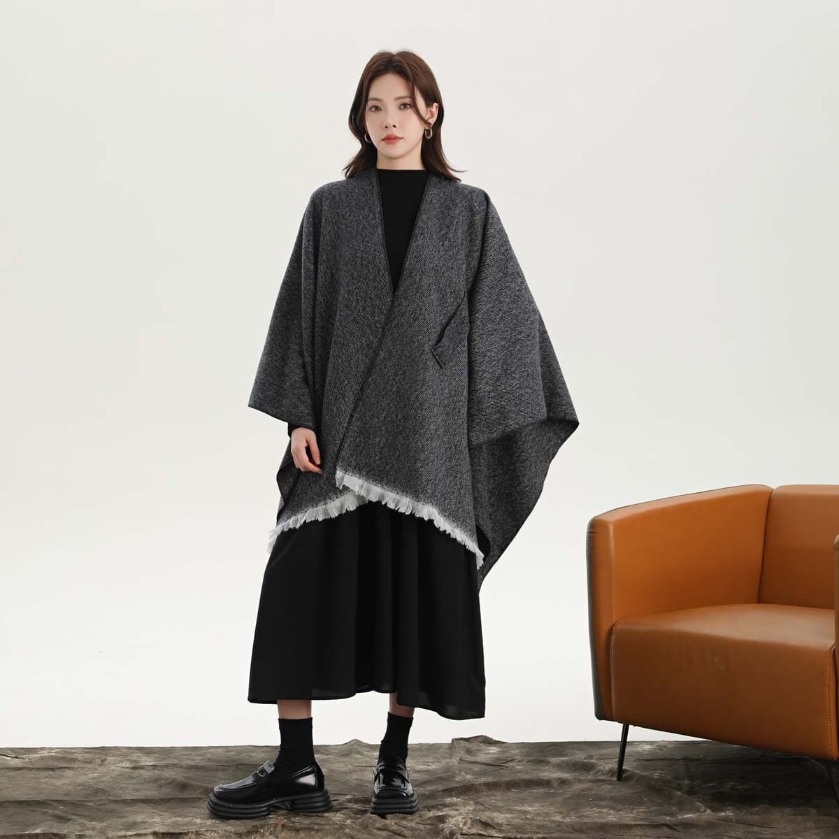 Black and White Soft Knit Poncho Cape - Warm Autumn Winter Shawl Wrap