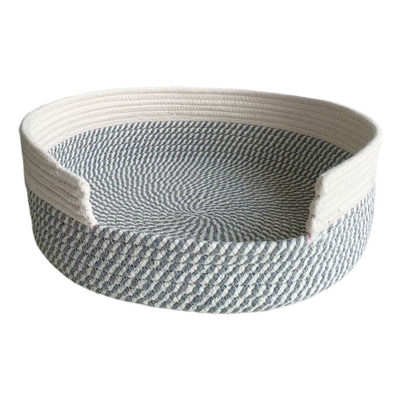 Grey and White Two-Tone Woven Cotton Rope Cat Bed - Cozy Handmade Pet Nest