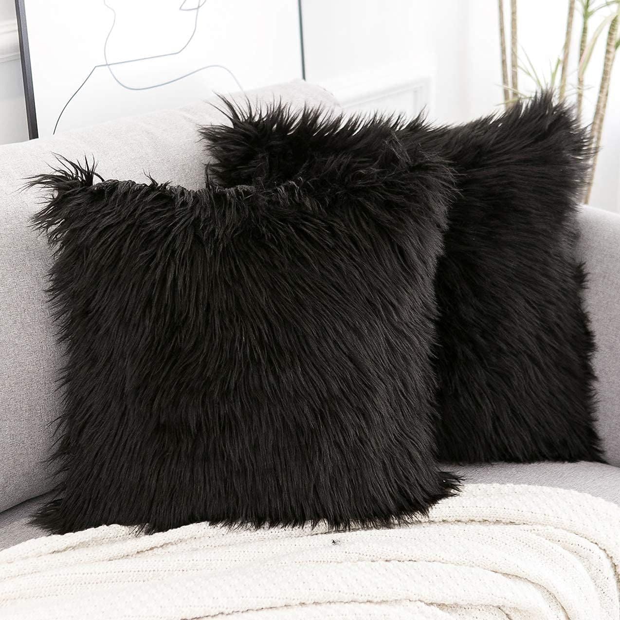 Black Luxurious Long Faux Fur Cushion Covers - 2-Piece Set, 45 × 45 cm Soft