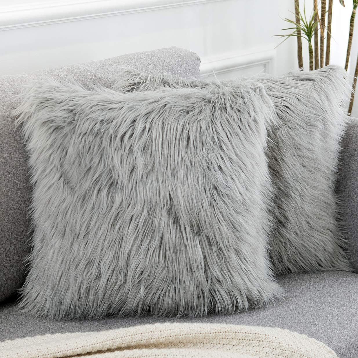 Grey Luxurious Long Faux Fur Cushion Covers - 2-Piece Set, 45 × 45 cm Soft