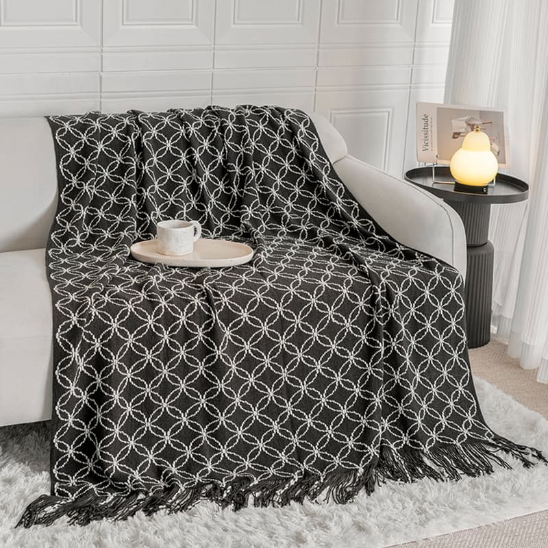 Black Cozy Geometric Knitted Throw Blanket with Tassels - Soft Acrylic
