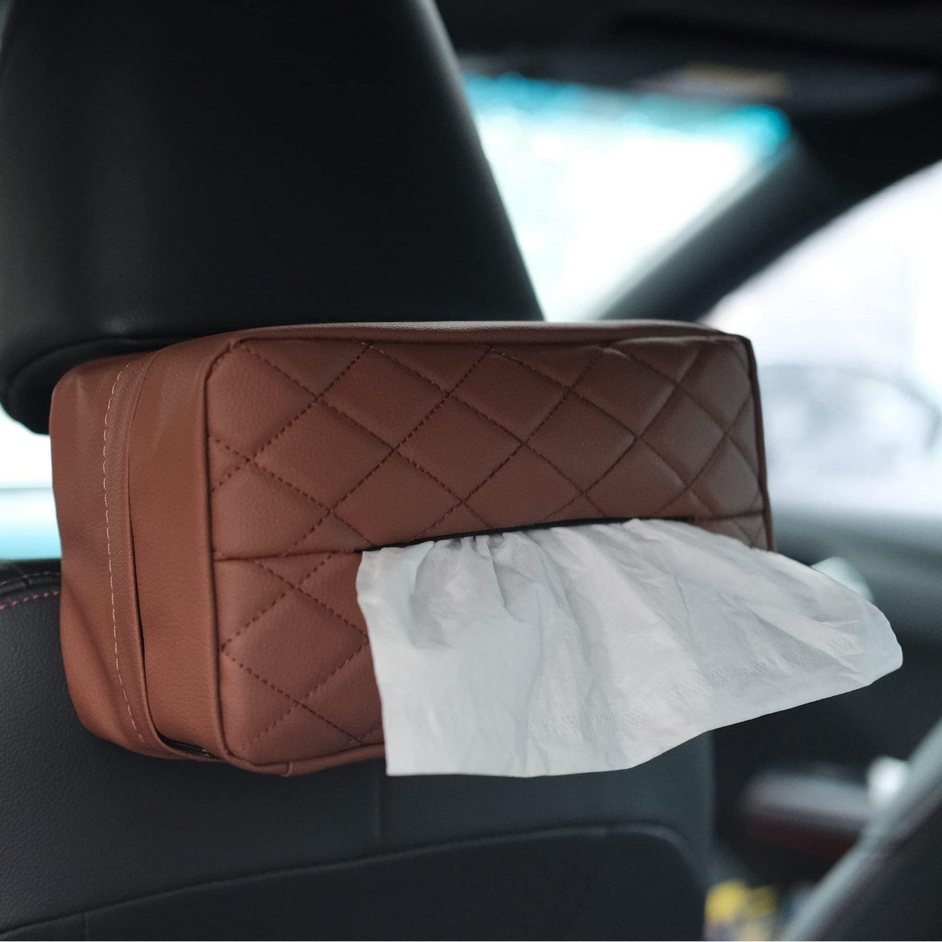 Brown Universal Leather Car Tissue Box Holder - Visor, Armrest & Seat Back