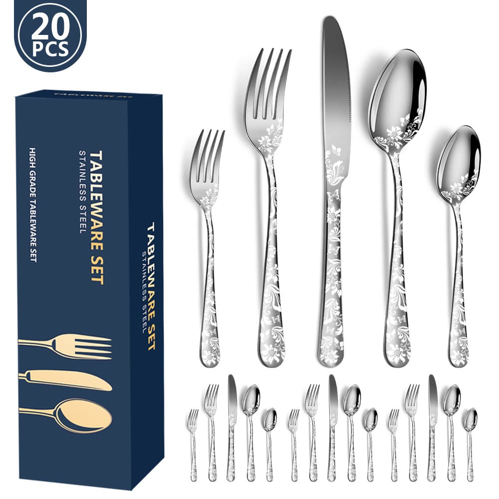 Silver 20-Piece Stainless Steel Cutlery Set with Floral Design - Dinner