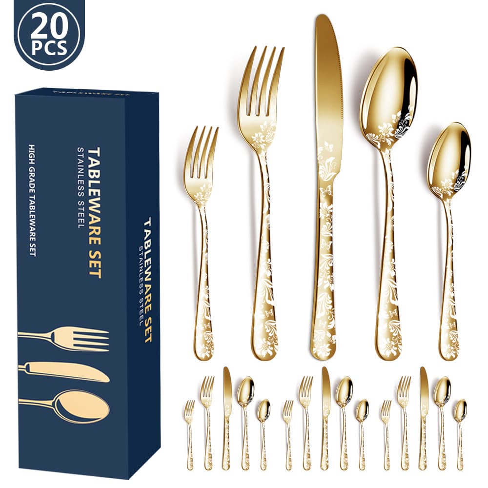 Gold 20-Piece Stainless Steel Cutlery Set with Floral Design - Dinner