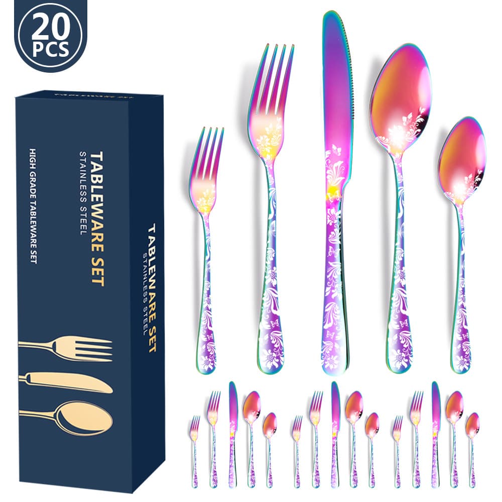 Multicolor 20-Piece Stainless Steel Cutlery Set with Floral Design - Dinner
