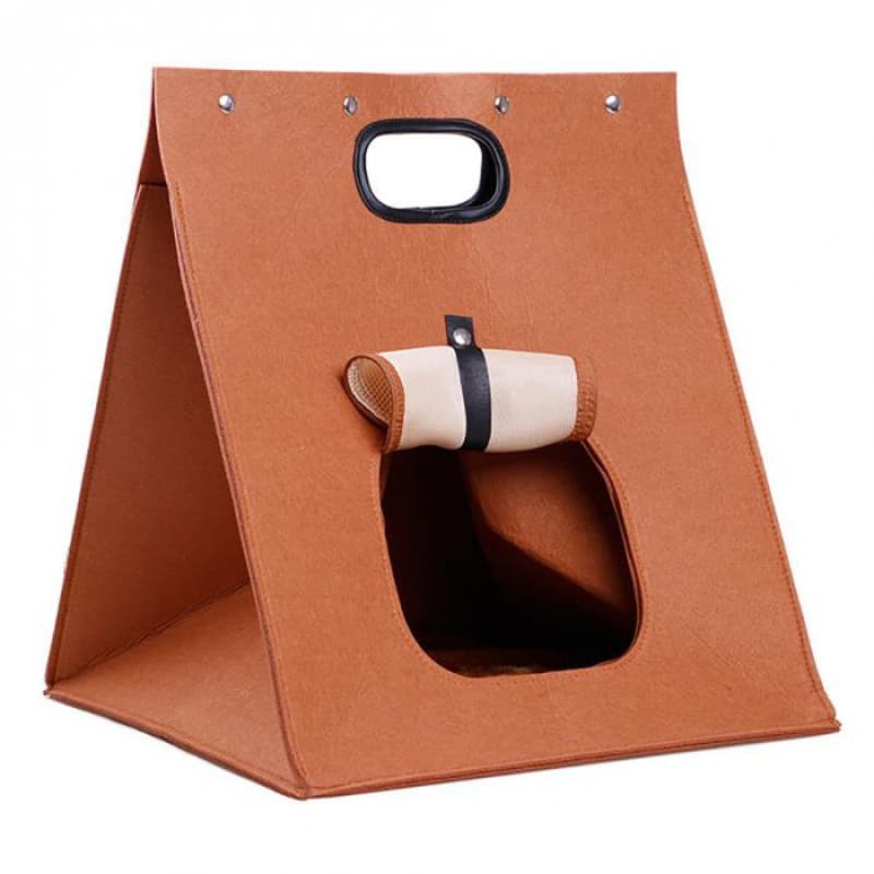 Brown Cozy A-Frame Felt Pet Teepee - Foldable & Portable Cat Cave Bed