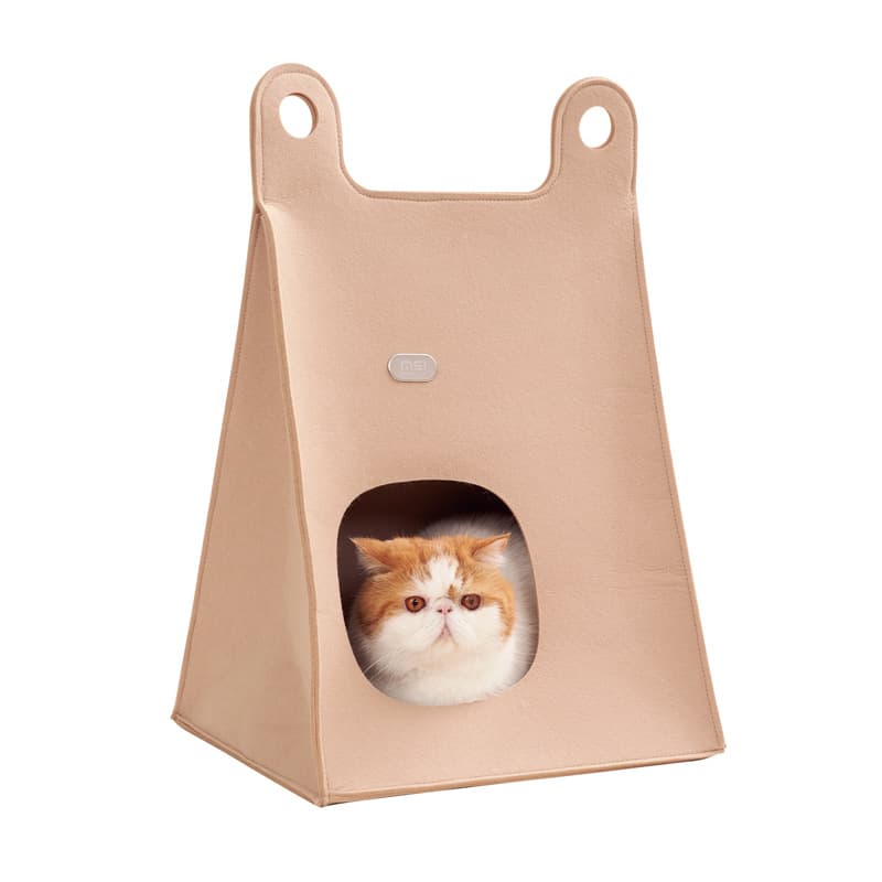 Khaki Cozy A-Frame Felt Pet Teepee - Foldable & Portable Cat Cave Bed