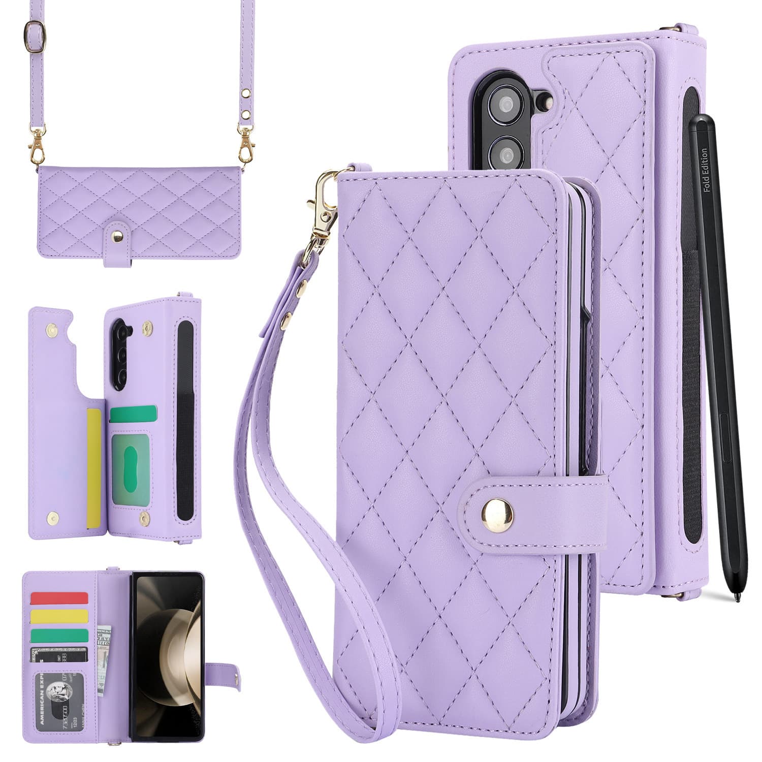 Purple Galaxy Z Fold3 Multi-Functional Leather Wallet Case - Purple Fold3