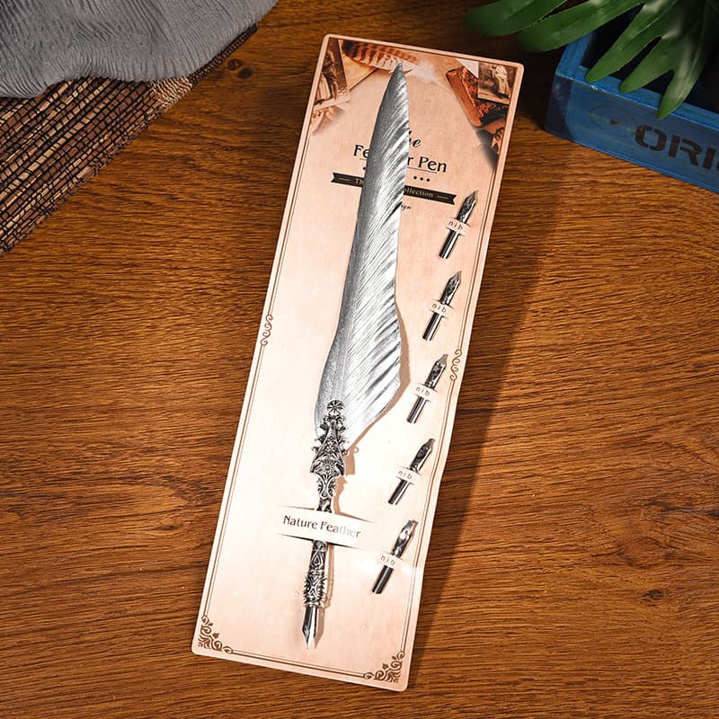 Sword Plume Silver European Dip Feather Quill Pen Set - 2-Piece Retro