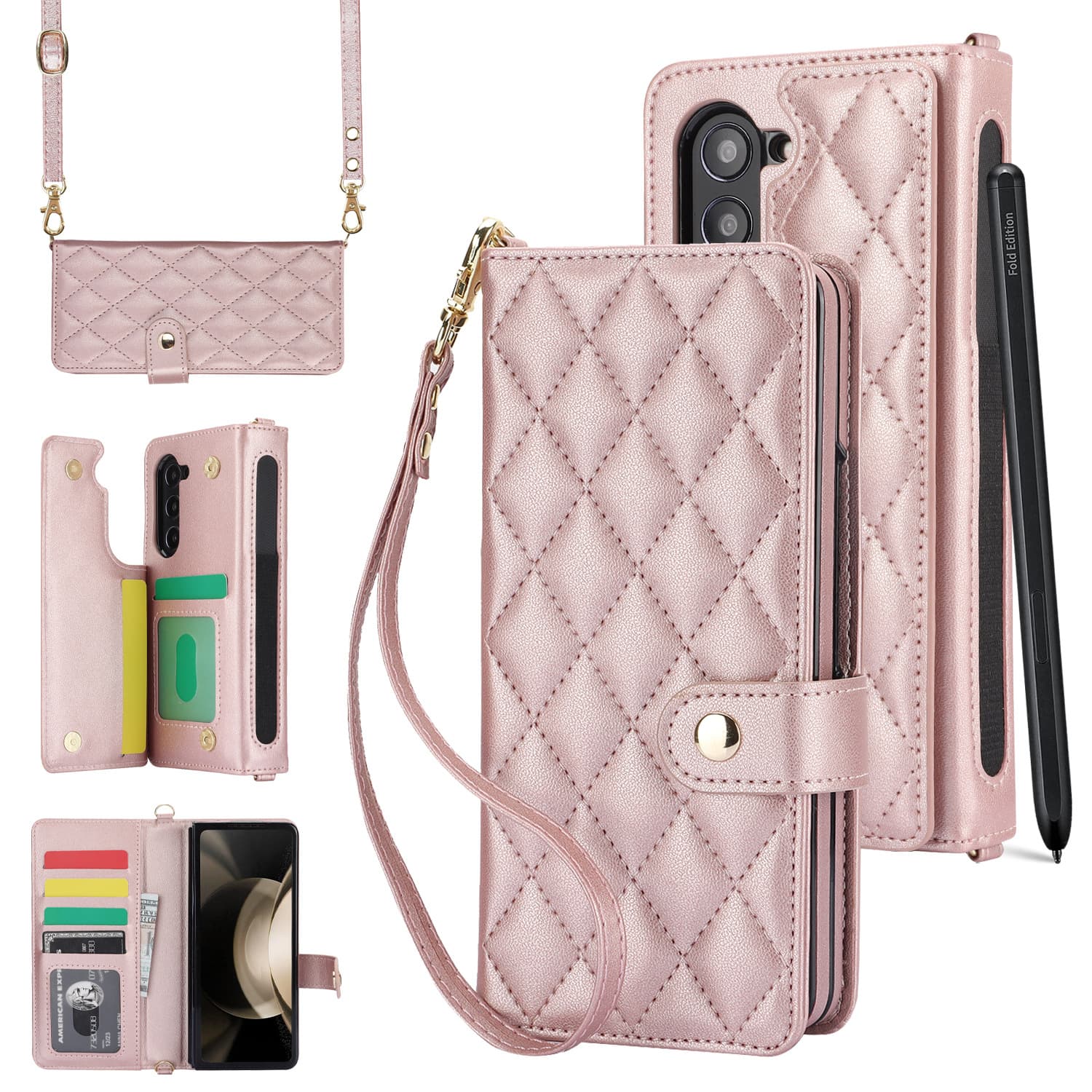 Rose Gold Galaxy Z Fold3 Multi-Functional Leather Wallet Case for Samsung Z