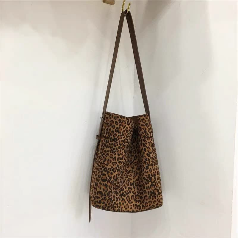 leopard Print Vintage Leopard Suede Bucket Bag for Women with Crossbody