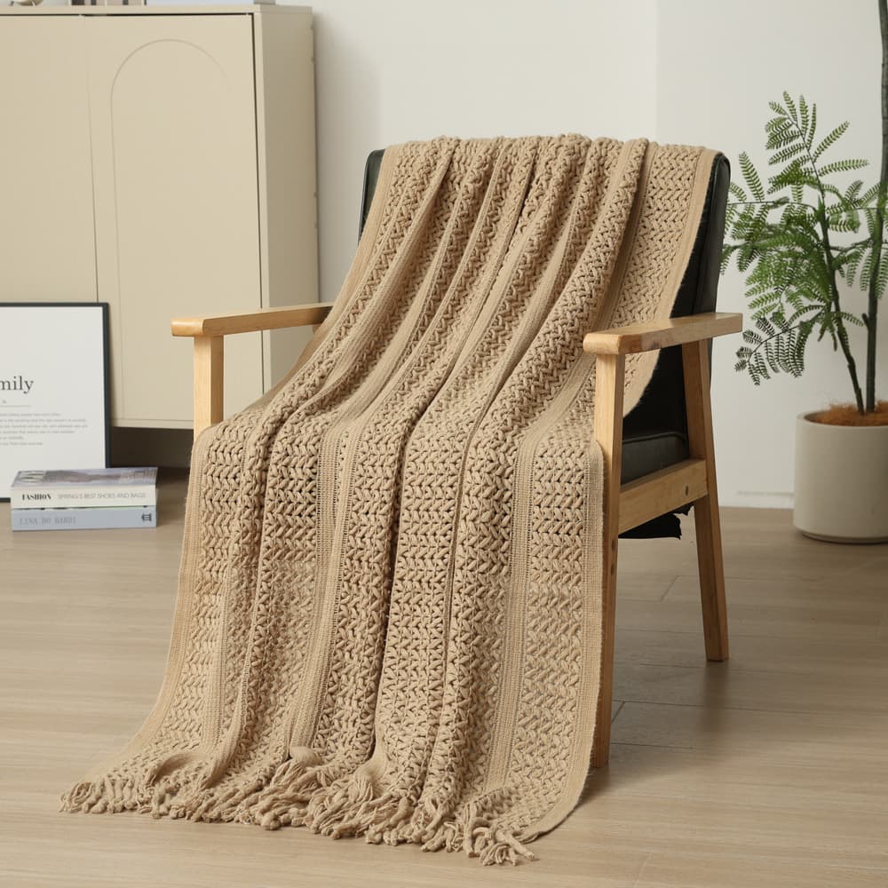 Khaki Hollow Knitted Sofa Blanket with Tassels, 120 × 165 cm, 510g, Ideal