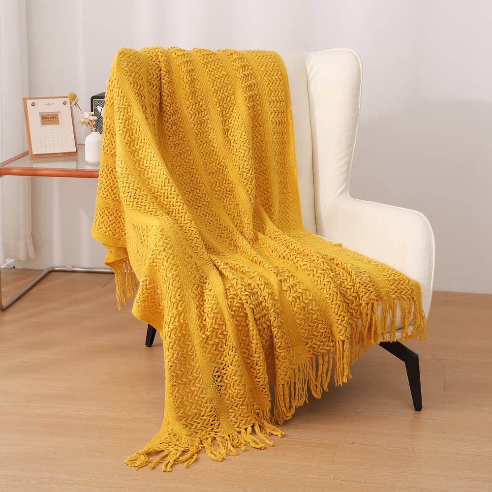 Yellow Hollow Knitted Sofa Blanket with Tassels, 120 × 165 cm, 510g, Ideal