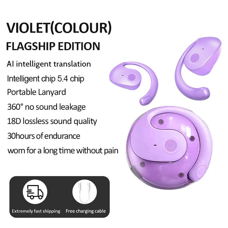 Purple T2 AI Smart Translation Earbuds - Open-Ear OWS Bluetooth 5.4