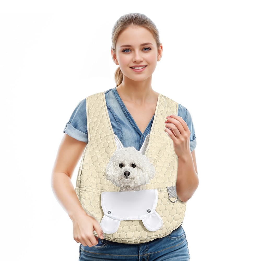 Beige Cozy Quilted Pet Carrier Backpack - Front Pack Sling for Cats