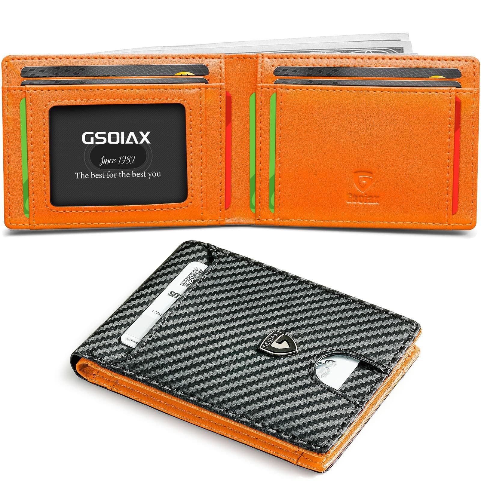 Men's Slim Leather Bifold Wallet - RFID Blocking, 11 - Carbon Orange Twill