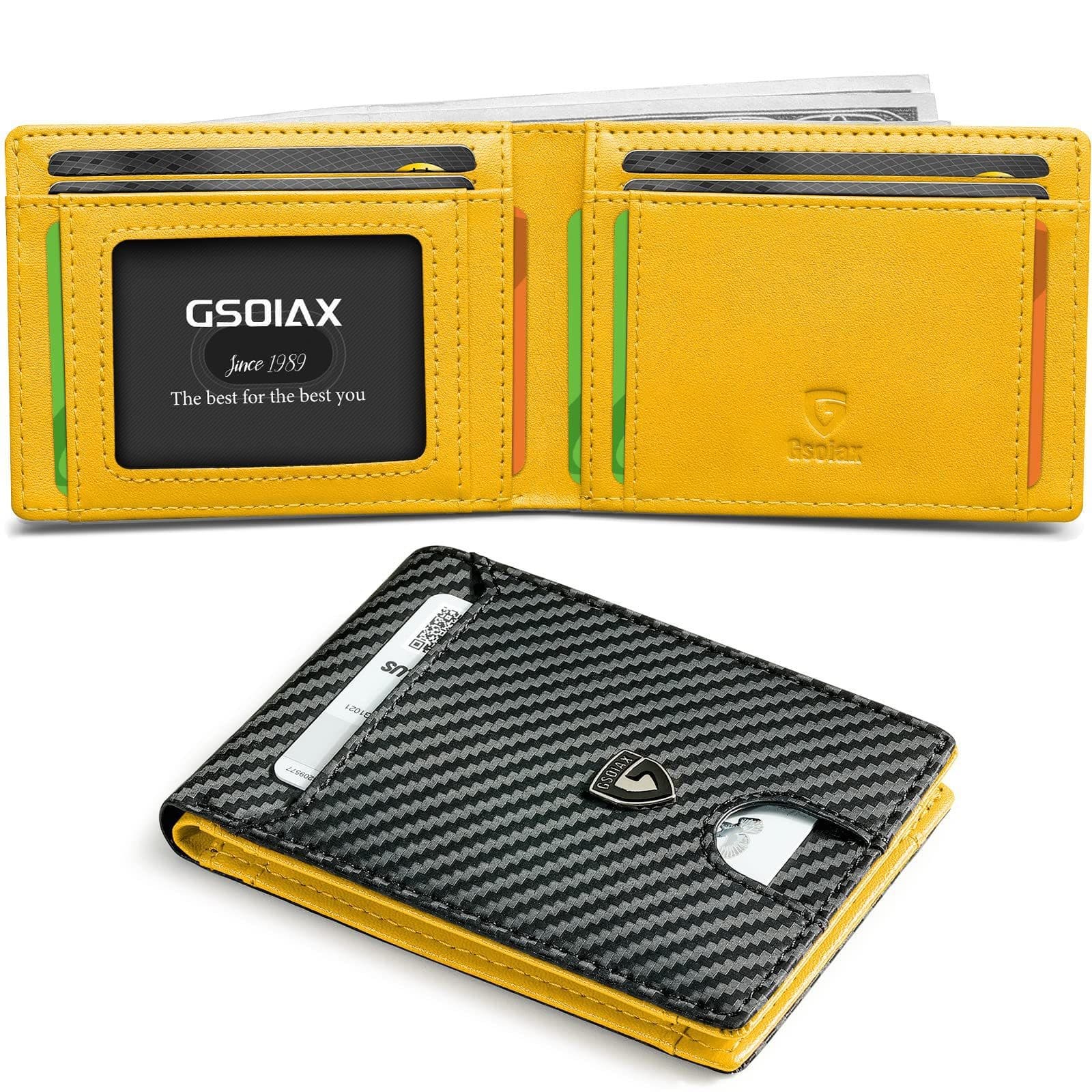 Men's Slim Leather Bifold Wallet - RFID Blocking, 11 Card - Carbon Yellow